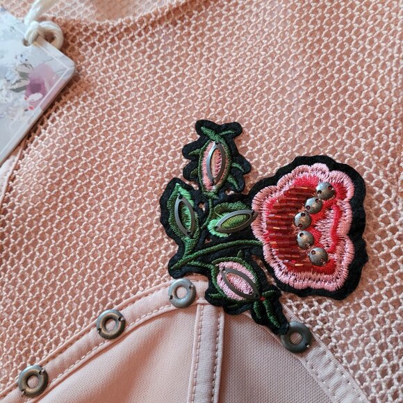 ANGELS NEVER DIE peach FISHNET long sleeve detailed top size 2 EU.  NEW - Picture 7 of 10